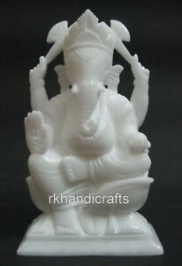 9 Inches White Marble Ganpati Idol Hand Crafted Bappa Statue For Reception Table