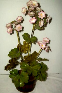 Italian Tole Geranium Potted Plant Flower Pot Arrangement Metal Tag Hp Vintage