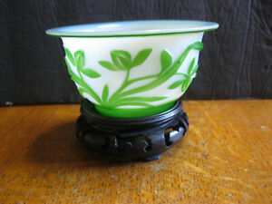 Chinese Pecking Glass Bowl Green And White Overlay With Stand