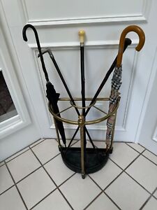 English Victorian Brass Demi Lune Umbrella Stand With Cast Iron Base Drip Tray