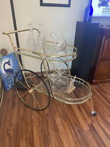 Vintage Hollywood Regency Brass Bar Push Cart With Two Glass Shelves Big Wheels