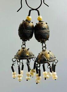 Antique Old Middle Eastern Silver Earring With Pearl