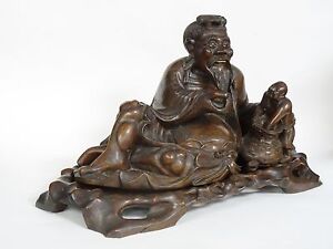 Antique 19c Fine Carved Wood Chinese Deity Immortal Sculpture W Stand 11 