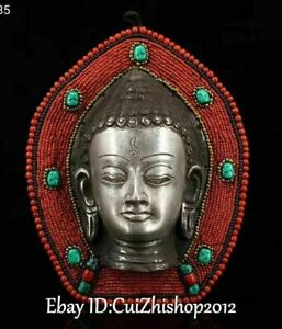 Tibet Coral Gems Silver Shakyamuni Sakyamuni Amitabha Buddha Head Hanging Amulet