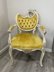 Vintage French Provincial Louis Xvi Rococo Off White Gold Tufted Chair Mustard