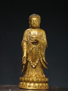 Chinese Antique Religious Buddha Statue Bronze Gilded Amitabha Buddha 