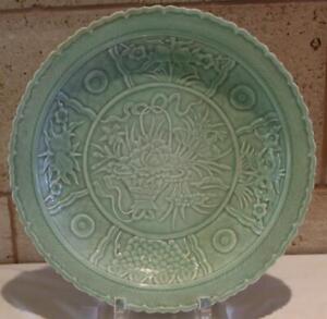 Antique Chinese Large Celadon Charger Basin Bowl Shunzhi Mark Bas Relief Floral