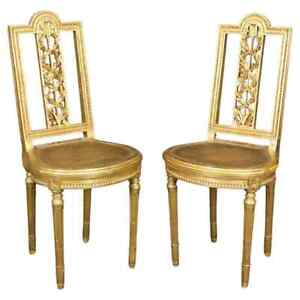 Fine Pair Bright Gilded French Cane Louis Xvi Directoire Side Parlor Chairs