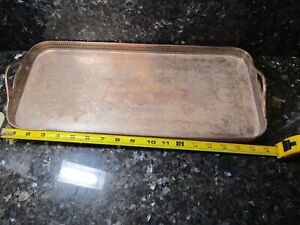 Vintage Rectangle Silver Tone Large Tray Dish Rimmed Footed Handles Engraved