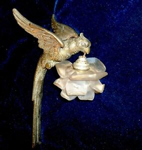 Rare Antique French Solid Heavy Metal Sconce Parrot With White Rose Shade