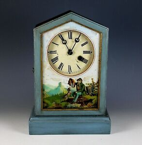 Rare Antique Mantel Clock C 1890 Eglomise Glass Wood Serviced