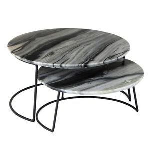 Grey Marble Serving Board Strong Stone Round Nested Iron Stand Tray Pack Of 2