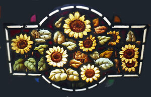 Antique Arts Crafts Stained Leaded Glass Sunflowers Window Sun Catcher Section