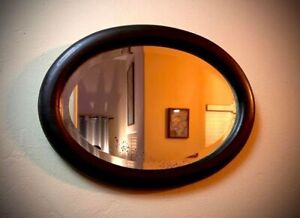 Antique Heavy Solid Wood Oval Framed Beveled Plate Glass Mirror Circa 1918