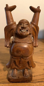 Standing Happy Smiling Carved Wood W Teeth Buddha Statue Figure Wealth Prosper