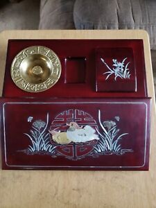 Oriental Chinese Red Laquer Smoking Box Mother Of Pearl Inlay Vintage Antique