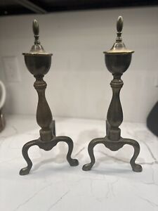 Pair Of Vintage 1969 Fireplace Andirons Brass Cast Iron Footed Finial 16 