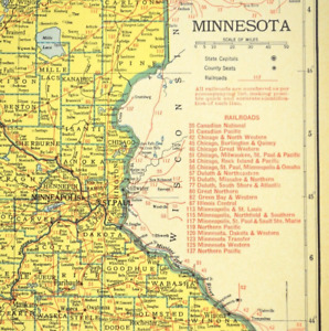 Vintage Minnesota Railroad Map 1940s Wall Art Original Minneapolis St Paul