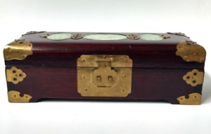 Vintage Chinese Jewelry Box Oriental Wood With Brass And Jade Design Blue Silk