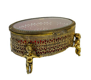 Vtg 70s Regency Cherub Angel Ornate Gilt Metal Brass Trinket Jewelry Box Casket