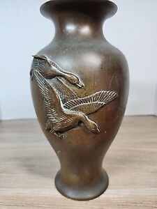 Vintage Japanese Bronze Mixed Metal Vase Embossed Bird On Branch 9 Patina Geese