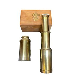 Metalarto Nautical Brass Spyglass Telescope With Brass Inlaid Anchor Wooden Box