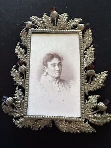 Old Antique Scottish Thistle White Metal Amethyst Amber Jewel Stone Photo Frame