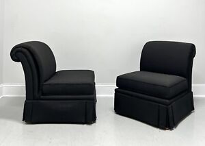 Henredon Contemporary Black Narrow Wale Corduroy Roll Back Slipper Chairs Pair