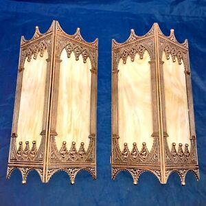 Wired Pair Antique Vintage Theater Sconces Art Deco Stained Glass Fixtures