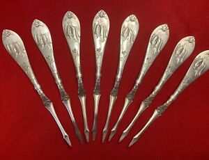 Set Of 8 Unusual And Rare Silverplate Nut Picks With Game Squirrel And Duck 1876