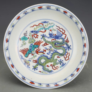 Nice Chinese Hand Painting Dou Polychrome Porcelain Dragon Phoenix Plate