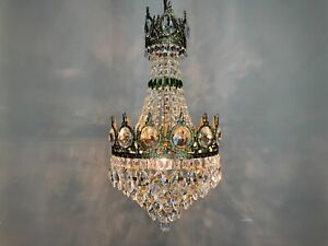 Antique Vintage Crystals Brass Chandelier Lamp Lighting Fixtures 1960 S