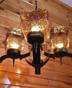 Antique Amber Glass Wagon Chandelier Ceiling Light Lamp Rustic Western Cabin Vtg