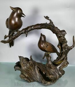 12 5 Old Pure Bronze Gilt Dynasty Plum Bossom Tree Bird Incense Burner Censer