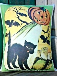 Adorable Primitive Vintage Halloween Cat Pumpkin Ghost Bats Grave Yard Pillow