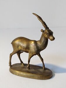 Rare Brass Antique Gazelle Antelope Small Statue Mounted On Plinth
