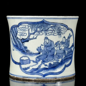 Chinese Blue White Porcelain Handpainted Exquisite Figure Brush Pot 15120