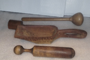 Antique Primitive Lot Of Four Wood Potato Mashers Scoop Farm Kitchen Tools