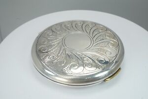 Antique Art Deco Slim Sterling Silver Round Compact Mirror 2 5 Etched Swirls