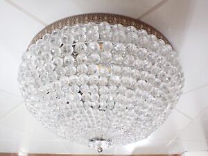 Vintage Italian Plafonnier Crystal Beaded Basket Chandelier Flush Mount Dome