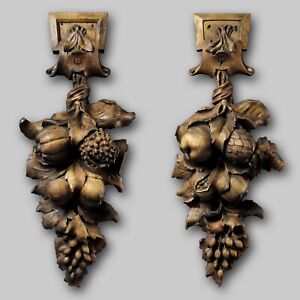 Antique 19th Century Pair Carved Wood Grinling Gibbons Limewood Swags Appliques