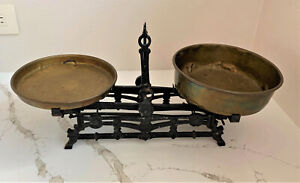 Antique Mercantile Black Cast Iron 2 Brass Pans 5 Kg Balance Scale Late 1800 S