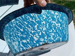 Vintage Antique Enamel Porcelain Bath Tub Wash Basin Farm Decora Blue Swirl 2