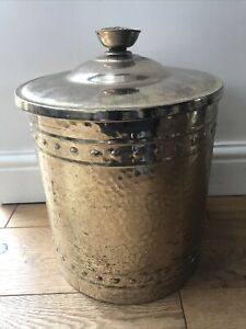 Vintage Gold Brass Hammered Lidded Coal Log Bucket Kindling Fireside Fireplace