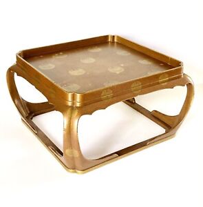 Rare Antique Edo Gold Nashiji Lacquer Kakeban Meal Tray Table W Peony Botan Mon