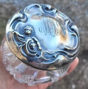 1890s Cut Glass Powder Jar International Sterling Silver Cherub Lid Art Nouveau