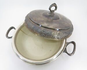 Antique Silverplate Serving Tureen Floral Design W J M Co Ironstone China Bowl