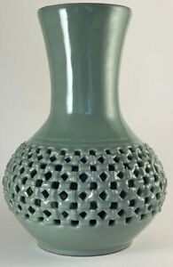 Korean Celadon Ceramic Reticulated Vase Vintage Korean 10 