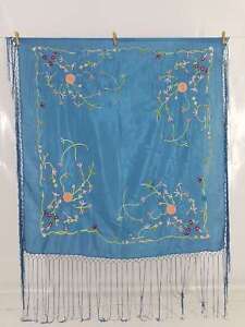 Vintage Chinese Hand Embroidered Silk Floral Piano Shawl 101x94cm