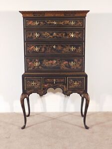 Antique Queen Anne Green Chinoiserie Paint Decorated Flat Top Highboy Dresser